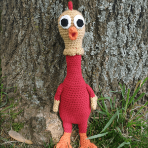 crochet red rubber chicken
