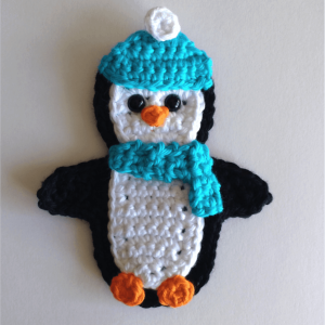 crochet penguin applique with blue hat and scraf